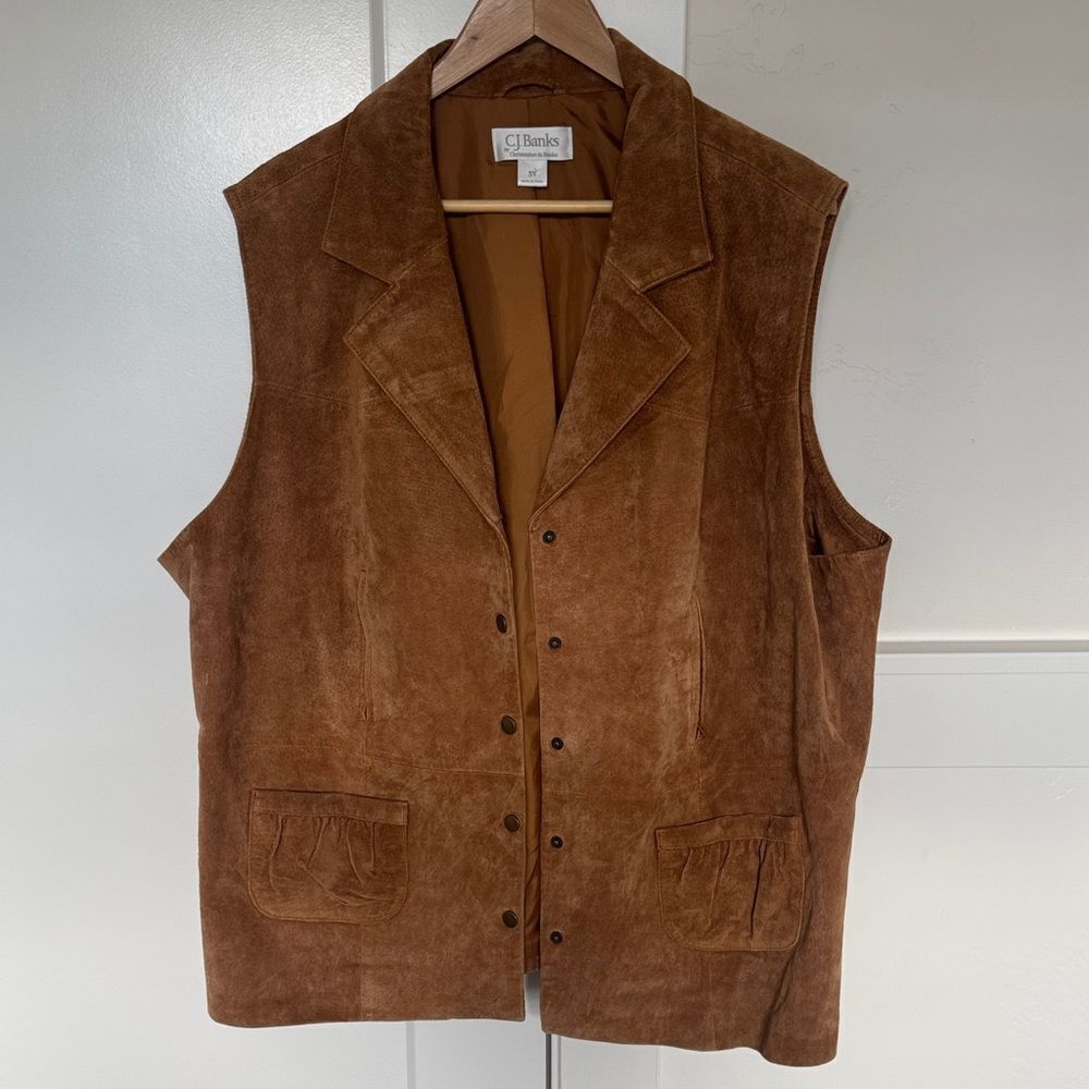 C.J. Banks Women’s Classic Tan Suede Pig Leather Vest Zip Pockets Lined Size 3X